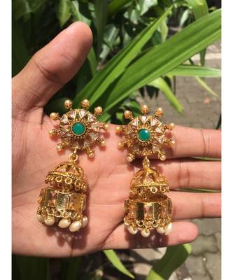 Green Stone Studded Designer Jhumkas 2
