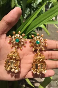 Green Stone Studded Designer Jhumkas