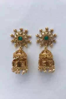 Green Stone Studded Designer Jhumkas