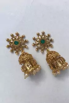 Green Stone Studded Designer Jhumkas