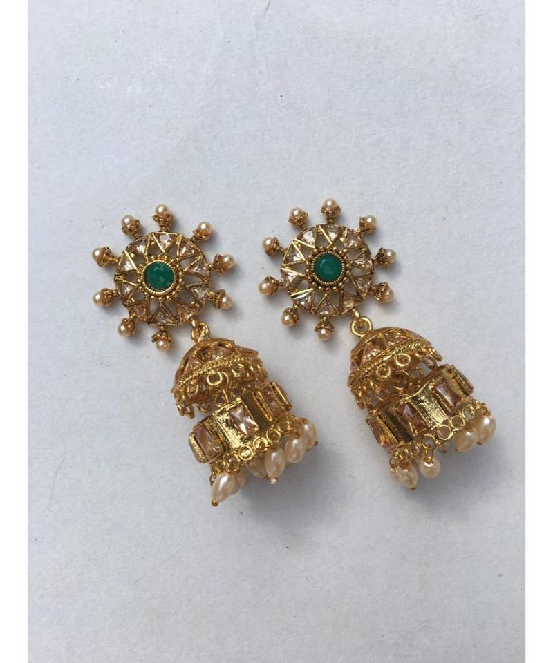 Green Stone Studded Designer Jhumkas