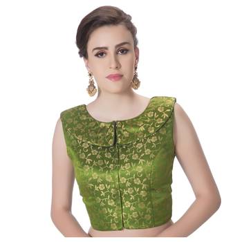 Chutni Green Brocade Petar Pan Collar Neck Princess Cut Padded Sleeveless Front Full Zipper Readymade Saree Blouse 1