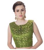 Chutni Green Brocade Petar Pan Collar Neck Princess Cut Padded Sleeveless Front Full Zipper Readymade Saree Blouse
