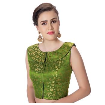 Chutni Green Brocade Petar Pan Collar Neck Princess Cut Padded Sleeveless Front Full Zipper Readymade Saree Blouse 2