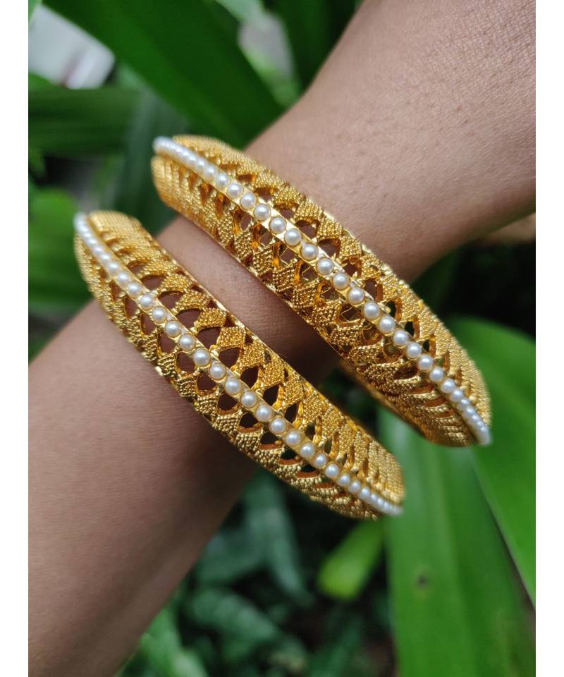 Gold Plated Pearl Bangles Set Of 2