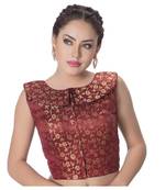 Coffee Maroon Brocade Petar Pan Collar Neck Princess Cut Padded Sleeveless Front Full Zipper Readymade Saree Blouse