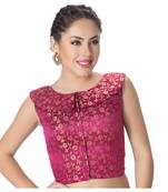 Dark Rani Brocade Petar Pan Collar Neck Princess Cut Padded Sleeveless Front Full Zipper Readymade Saree Blouse