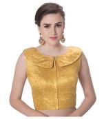 Gold Brocade Petar Pan Collar Neck Princess Cut Padded Sleeveless Front Full Zipper Readymade Saree Blouse
