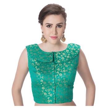 Green Brocade Petar Pan Collar Neck Princess Cut Padded Sleeveless Front Full Zipper Readymade Saree Blouse 1