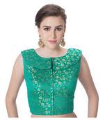 Green Brocade Petar Pan Collar Neck Princess Cut Padded Sleeveless Front Full Zipper Readymade Saree Blouse