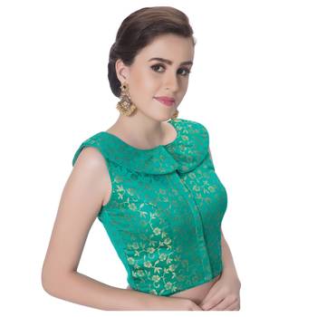 Green Brocade Petar Pan Collar Neck Princess Cut Padded Sleeveless Front Full Zipper Readymade Saree Blouse 2