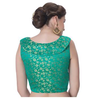 Green Brocade Petar Pan Collar Neck Princess Cut Padded Sleeveless Front Full Zipper Readymade Saree Blouse 3