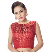 Maroon Brocade Petar Pan Collar Neck Princess Cut Padded Sleeveless Front Full Zipper Readymade Saree Blouse