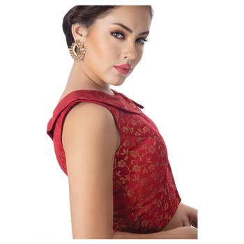 Maroon Brocade Petar Pan Collar Neck Princess Cut Padded Sleeveless Front Full Zipper Readymade Saree Blouse 2