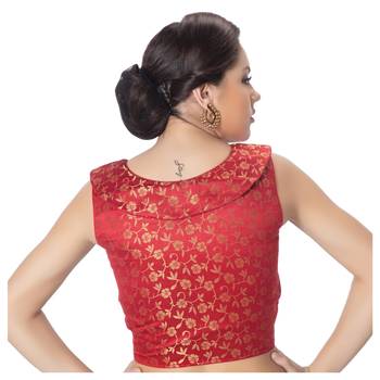 Maroon Brocade Petar Pan Collar Neck Princess Cut Padded Sleeveless Front Full Zipper Readymade Saree Blouse 3