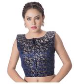Navy Blue Brocade Petar Pan Collar Neck Princess Cut Padded Sleeveless Front Full Zipper Readymade Saree Blouse