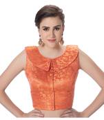 Peach Brocade Petar Pan Collar Neck Princess Cut Padded Sleeveless Front Full Zipper Readymade Saree Blouse