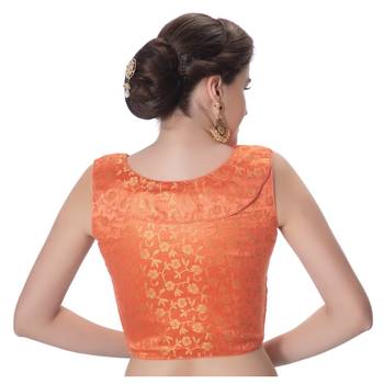 Peach Brocade Petar Pan Collar Neck Princess Cut Padded Sleeveless Front Full Zipper Readymade Saree Blouse 3