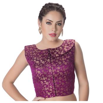 Purple Brocade Petar Pan Collar Neck Princess Cut Padded Sleeveless Front Full Zipper Readymade Saree Blouse 1