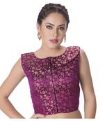 Purple Brocade Petar Pan Collar Neck Princess Cut Padded Sleeveless Front Full Zipper Readymade Saree Blouse