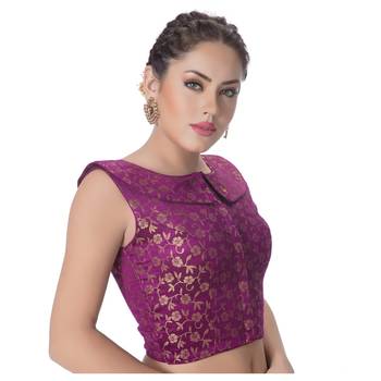 Purple Brocade Petar Pan Collar Neck Princess Cut Padded Sleeveless Front Full Zipper Readymade Saree Blouse 2