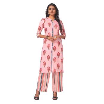 Women's Pink Printed Cotton Kurta-Palazzo Set 1