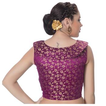 Purple Brocade Petar Pan Collar Neck Princess Cut Padded Sleeveless Front Full Zipper Readymade Saree Blouse 3