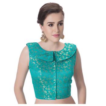 Rama Green Brocade Designer Petar Pan Collar Neck Padded Sleeveless Blouse 1