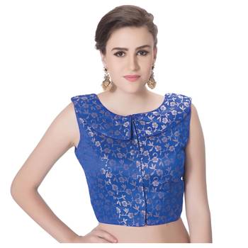 Royal Blue Brocade Petar Pan Collar Neck Princess Cut Padded Sleeveless Front Full Zipper Readymade Saree Blouse 1