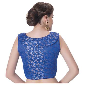 Royal Blue Brocade Petar Pan Collar Neck Princess Cut Padded Sleeveless Front Full Zipper Readymade Saree Blouse 3