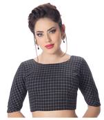 Fancy Round Neck Black Cotton Back Full Zipper Elbow Sleeves Princess Cut Padded Readymade Long Saree Blouse