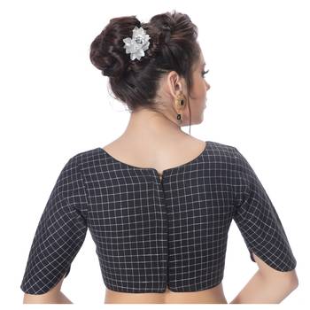 Fancy Round Neck Black Cotton Back Full Zipper Elbow Sleeves Princess Cut Padded Readymade Long Saree Blouse 3
