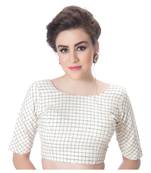 Fancy Round Neck White Cotton Back Full Zipper Elbow Sleeves Princess Cut Padded Readymade Long Saree Blouse