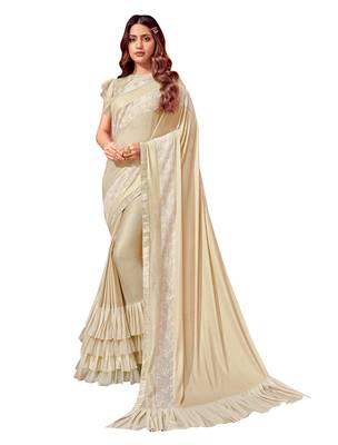 Cream Embroidered Lycra Ruffle Saree With Blouse 1