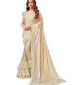 Cream Embroidered Lycra Ruffle Saree With Blouse