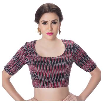 Black & Maroon Ikat Cotton Princess Cut Padded Elbow Sleeves Readymade Saree Blouse 1