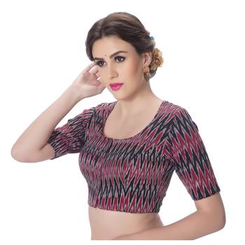 Black & Maroon Ikat Cotton Princess Cut Padded Elbow Sleeves Readymade Saree Blouse 2