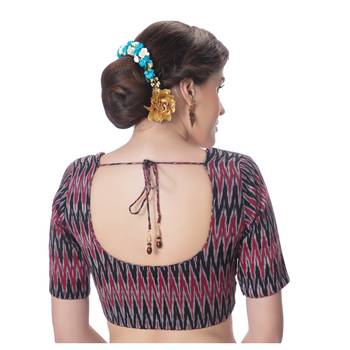 Black & Maroon Ikat Cotton Princess Cut Padded Elbow Sleeves Readymade Saree Blouse 3