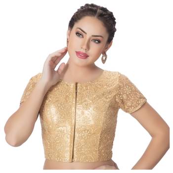 Round Neck Art Silk Dull Gold Net Embroidered Front Full Zipper Short Sleeves Princess Cut Padded blouse 1