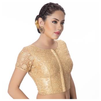 Round Neck Art Silk Dull Gold Net Embroidered Front Full Zipper Short Sleeves Princess Cut Padded blouse 2