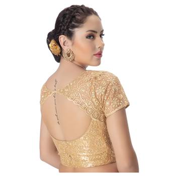 Round Neck Art Silk Dull Gold Net Embroidered Front Full Zipper Short Sleeves Princess Cut Padded blouse 3