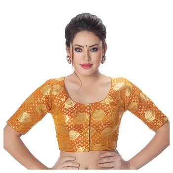 Brocade Mustard Umbrella Design Half Sleeves Princess Cut Padded blouse 1