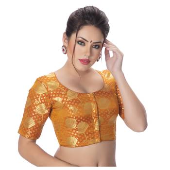 Brocade Mustard Umbrella Design Half Sleeves Princess Cut Padded blouse 2