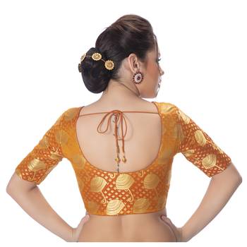 Brocade Mustard Umbrella Design Half Sleeves Princess Cut Padded blouse 3