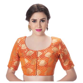 Brocade Orange Umbrella Design Half Sleeves Princess Cut Padded blouse 1