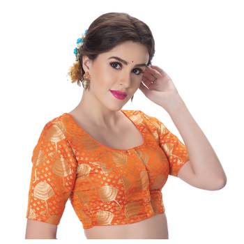 Brocade Orange Umbrella Design Half Sleeves Princess Cut Padded blouse 2