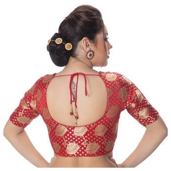 Brocade Red Umbrella Design Half Sleeves Princess Cut Padded blouse 3