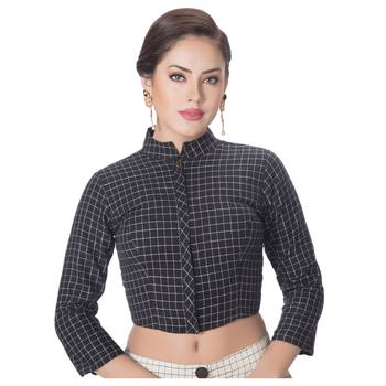 Black Cotton Stand Collar Full Zipper 3/4Th Sleeves Princess Cut Padded blouse 1