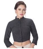 Black Cotton Stand Collar Full Zipper 3/4Th Sleeves Princess Cut Padded blouse