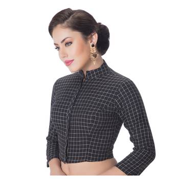Black Cotton Stand Collar Full Zipper 3/4Th Sleeves Princess Cut Padded blouse 2